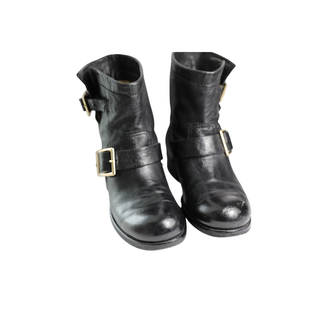 Jimmy Choo Youth Black Leather Biker Boots Gold Buckle Moto Ankle Boot 35.5
